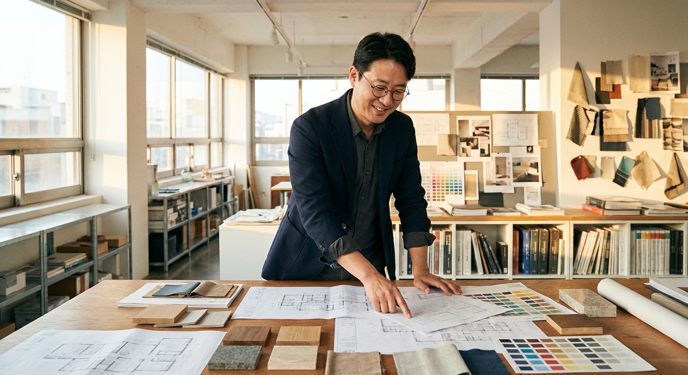 블랑 인테리어 디자이너가 설계 도면을 검토하는 모습