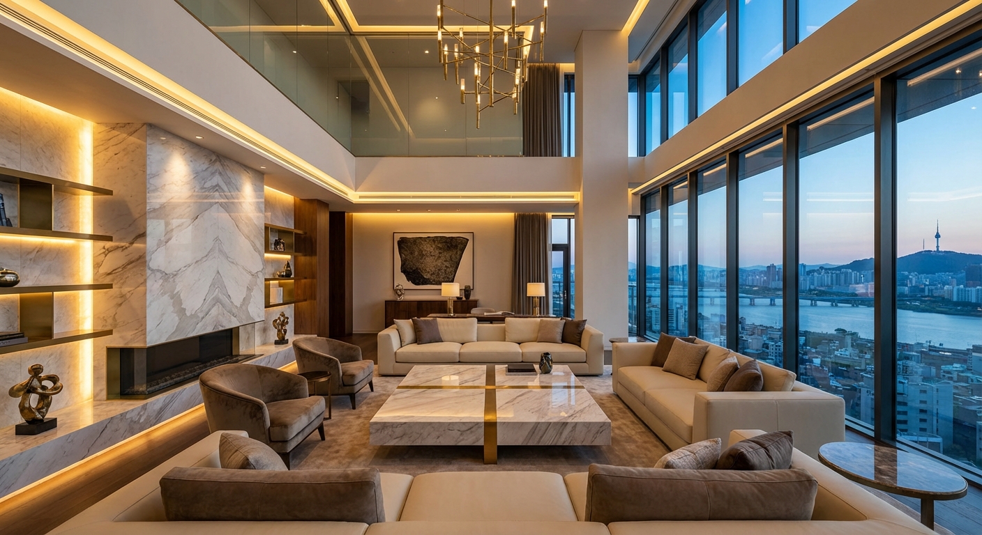 한남동 펜트하우스 거실 인테리어 시공